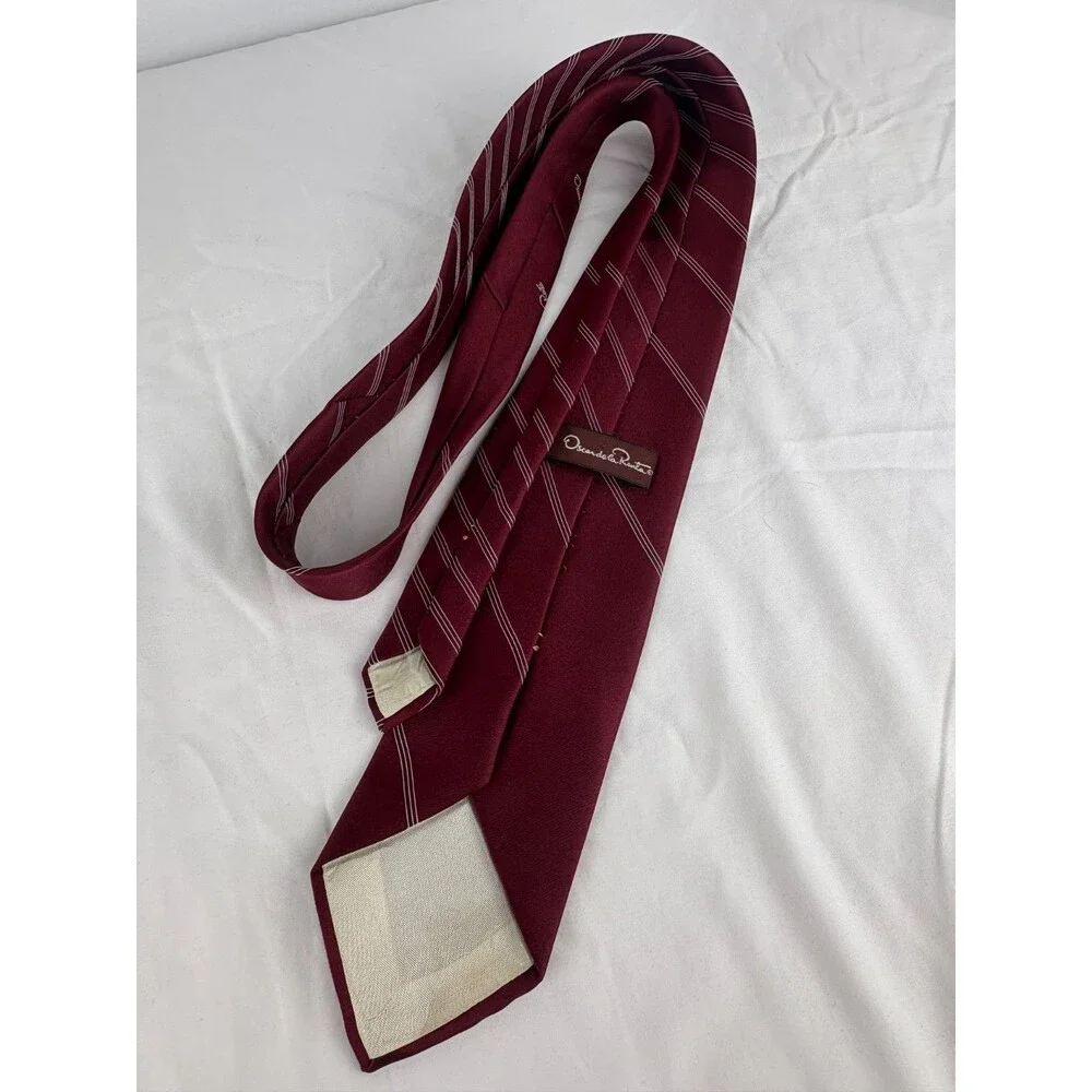 Lot of 2 Vintage Oscar de la Renta Pinstripe Silk Neck Ties Set Burgundy Navy